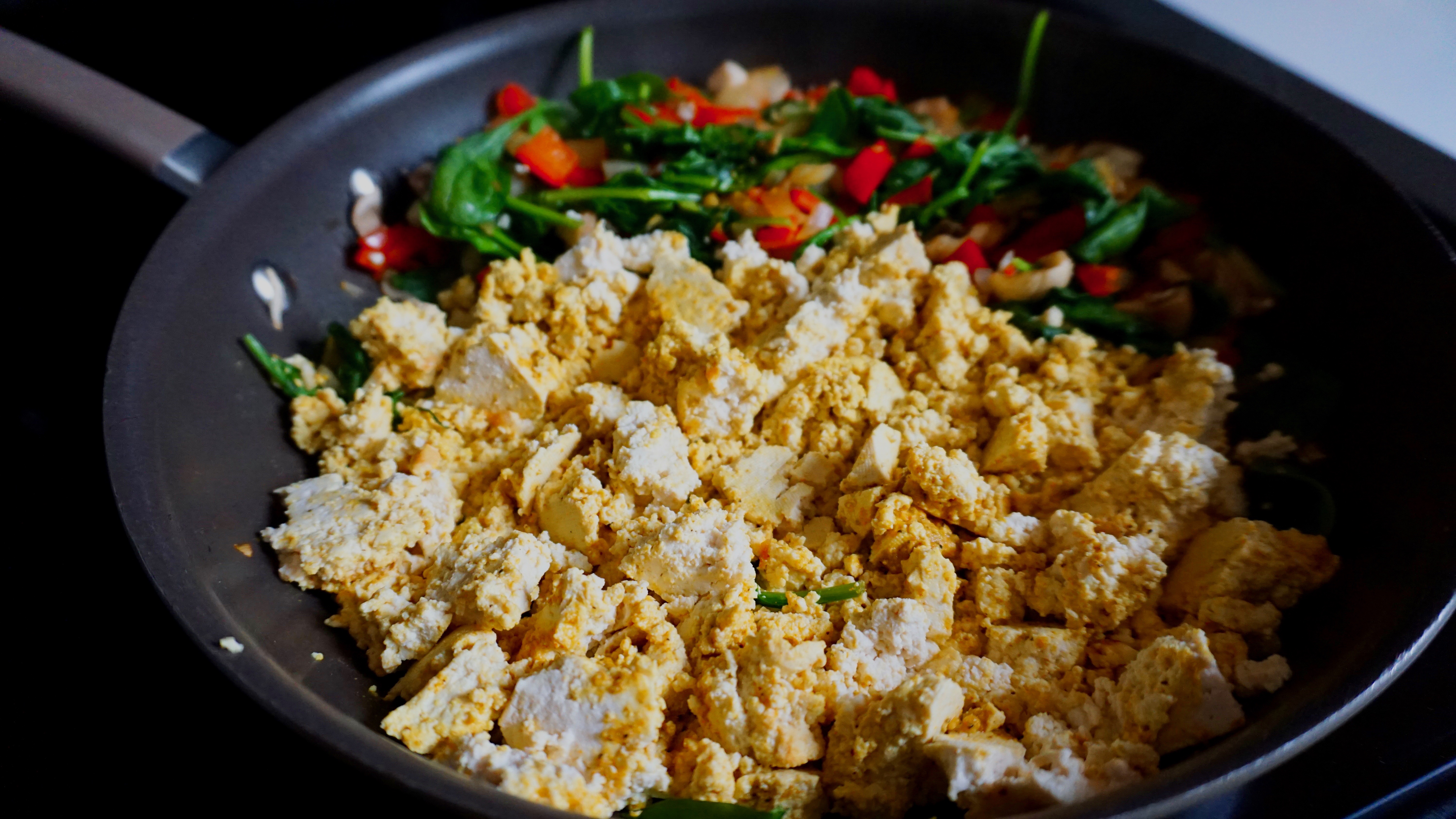 vegan tofu scramble separated on pan
