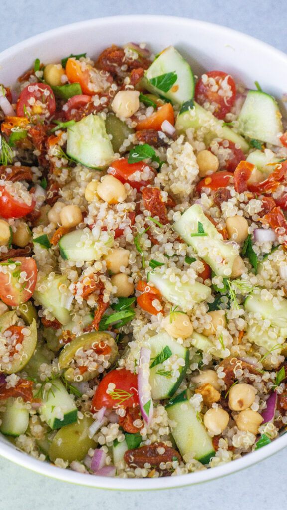 close up of greek quinoa salad