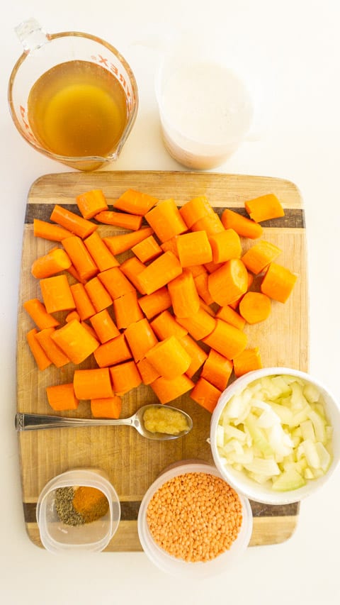 ingredients flat lay for carrot lentil soup