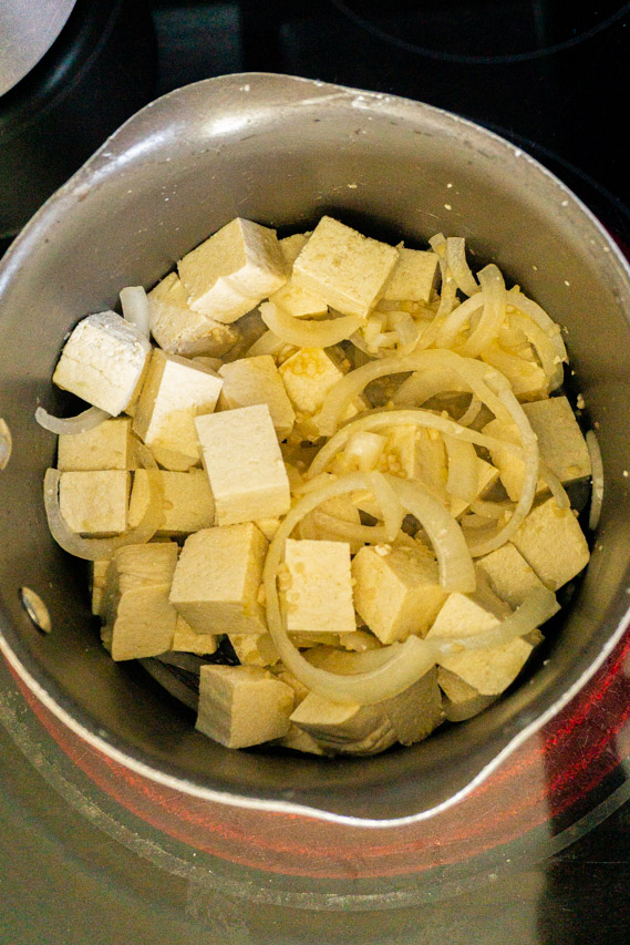 tofu added to pan for miso ramen recipe